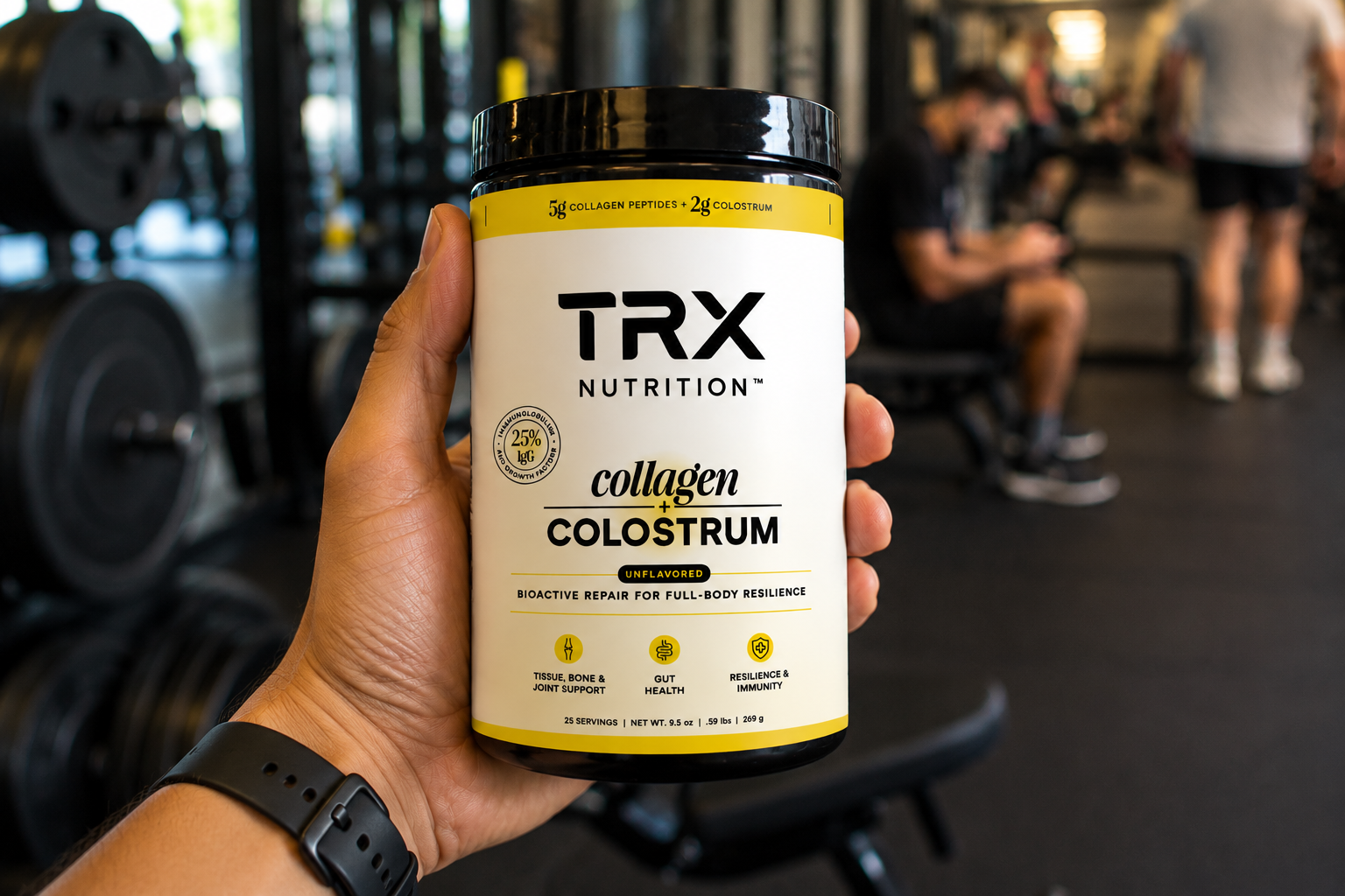 Grass-fed bovine collagen peptides and colostrum powder in a scoop for a collagen vs colostrum comparison by TRX Nutrition.