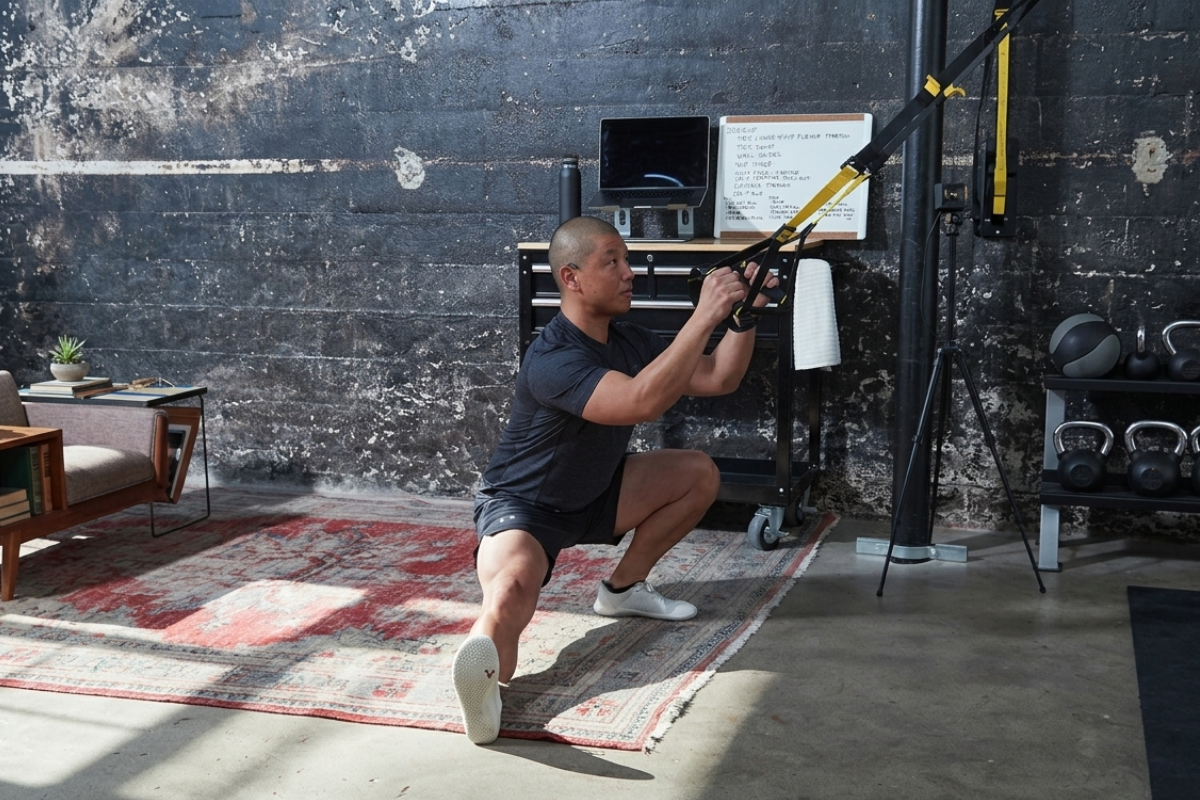 Person performing a lateral lunge to strengthen the inner leg adductor muscles