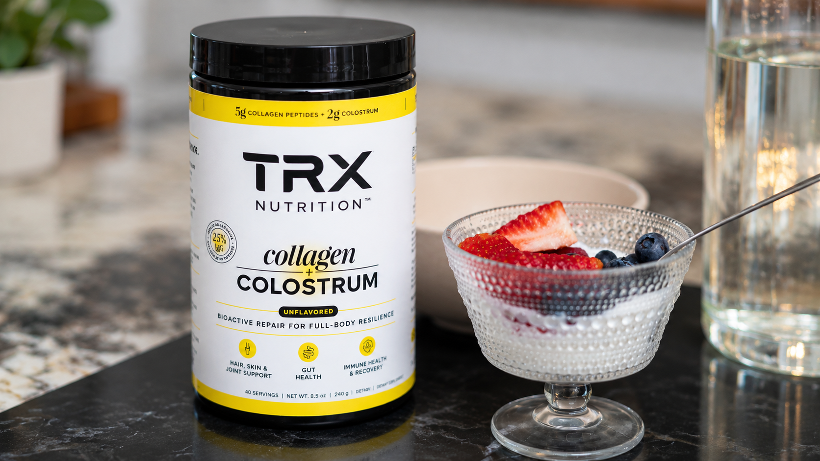 Collagen vs whey protein powders beside a shaker bottle and TRX training gear