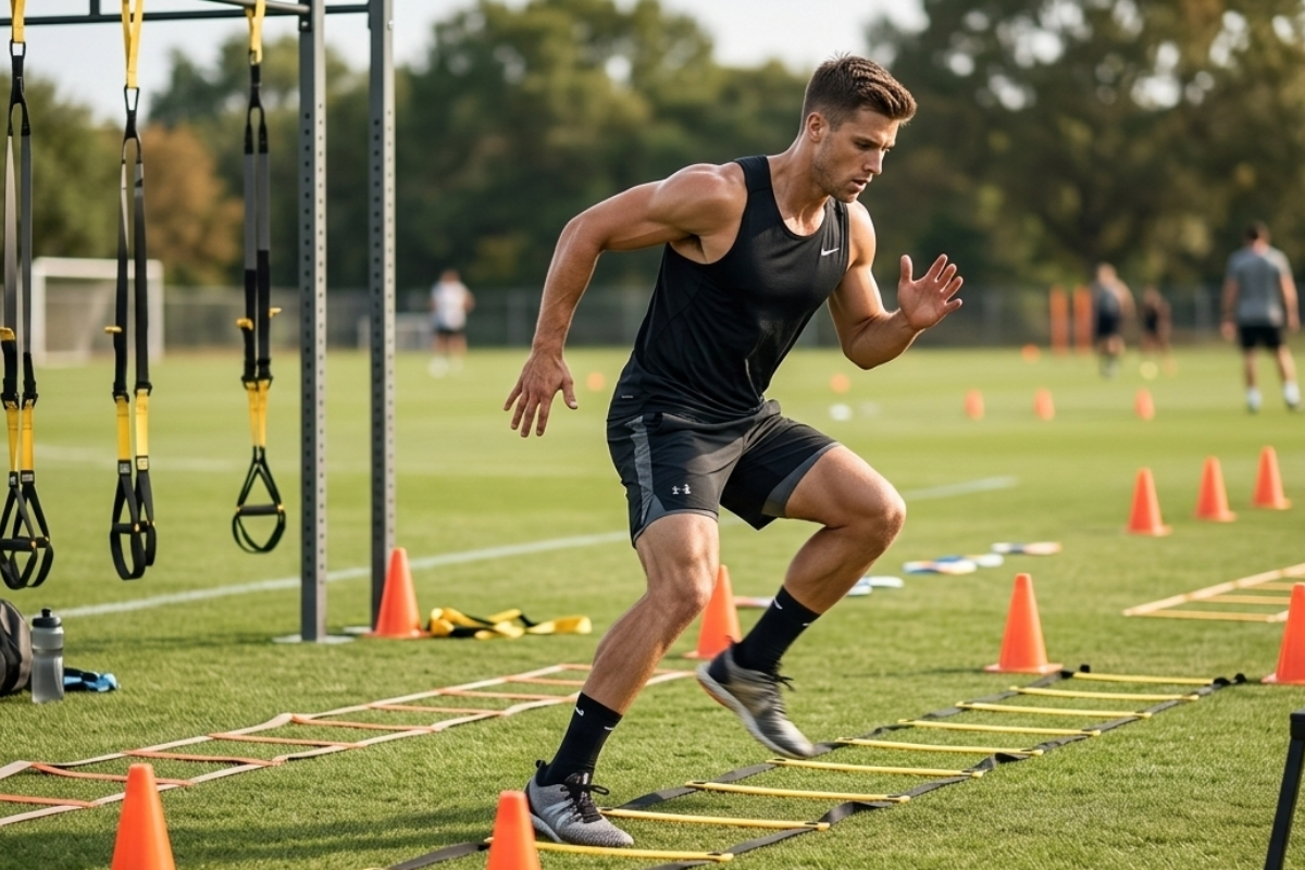 Athlete performing agility training exercises with quick directional changes and footwork patterns