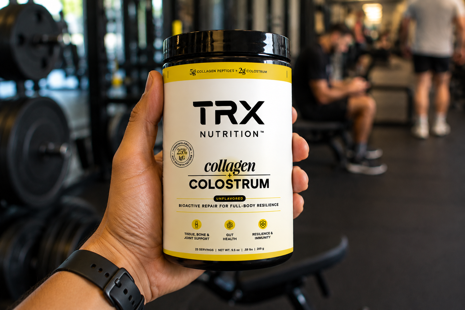 Grass-fed bovine collagen peptides and colostrum powder in a scoop for a collagen vs colostrum comparison by TRX Nutrition.