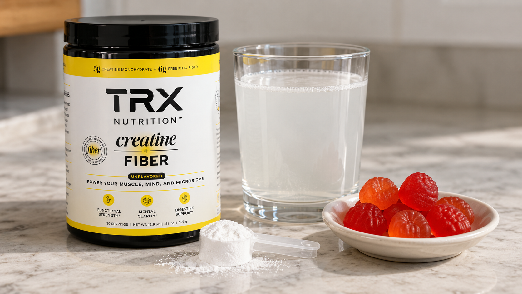 Creatine gummies vs powder beside a scoop and shaker for dose, convenience, and cost comparison