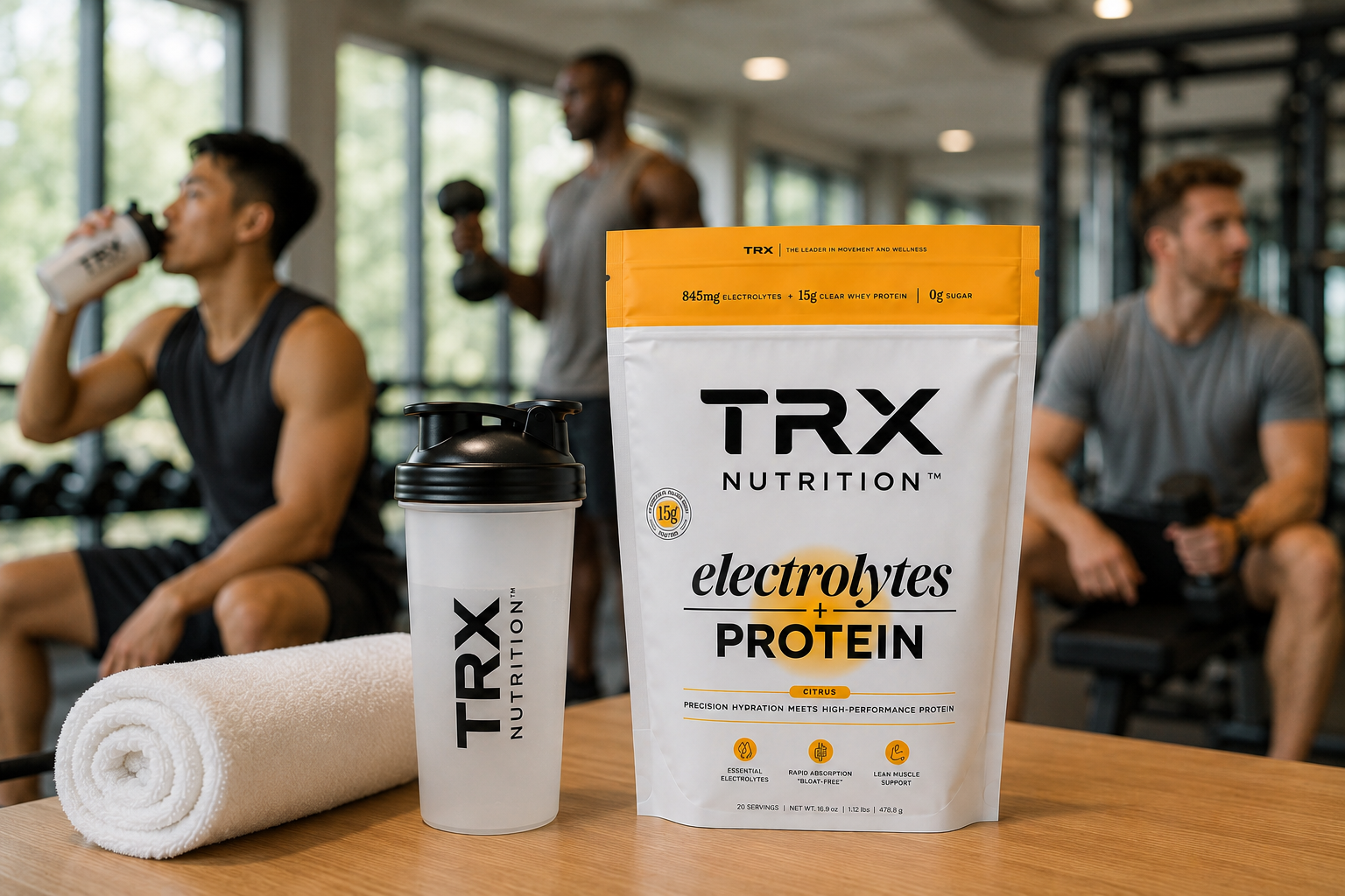 Athlete sipping a protein drink during a workout beside TRX training equipment