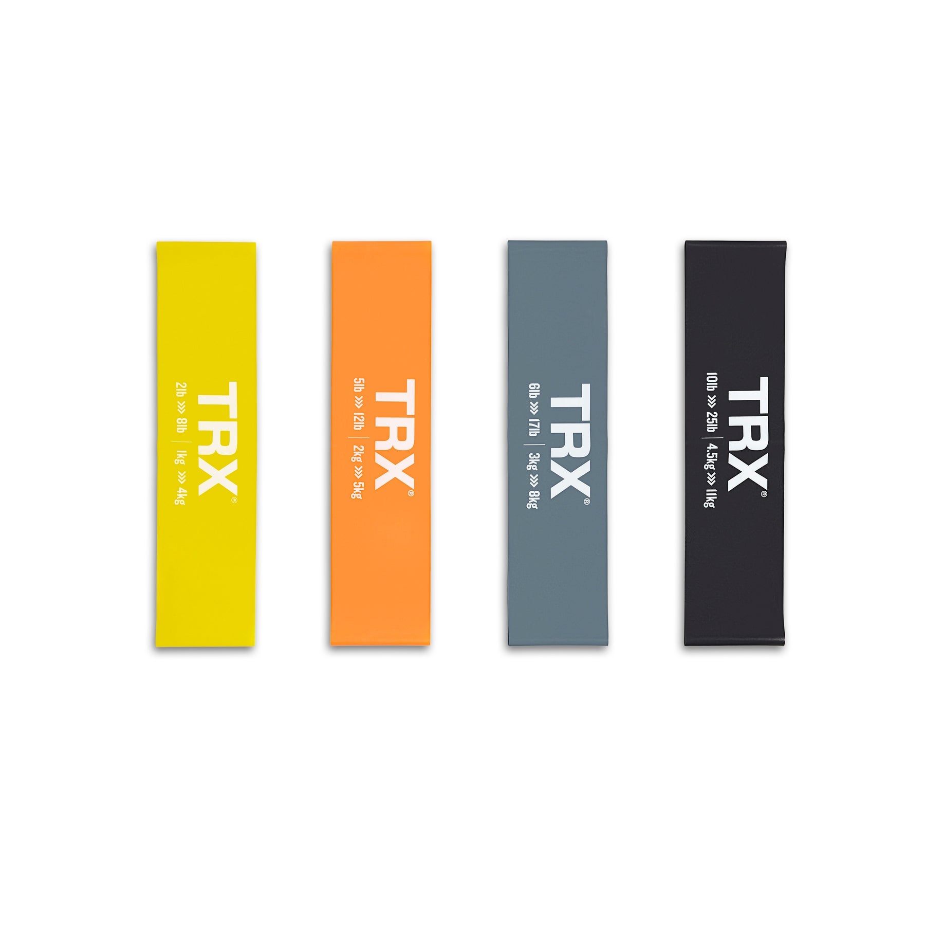 exercise bands in yellow orange gray and black